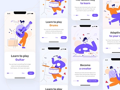 Music App Onboarding UI app design app ui bright colorful design friendly illustrations learning mobile app music app onboarding ui uiux ux