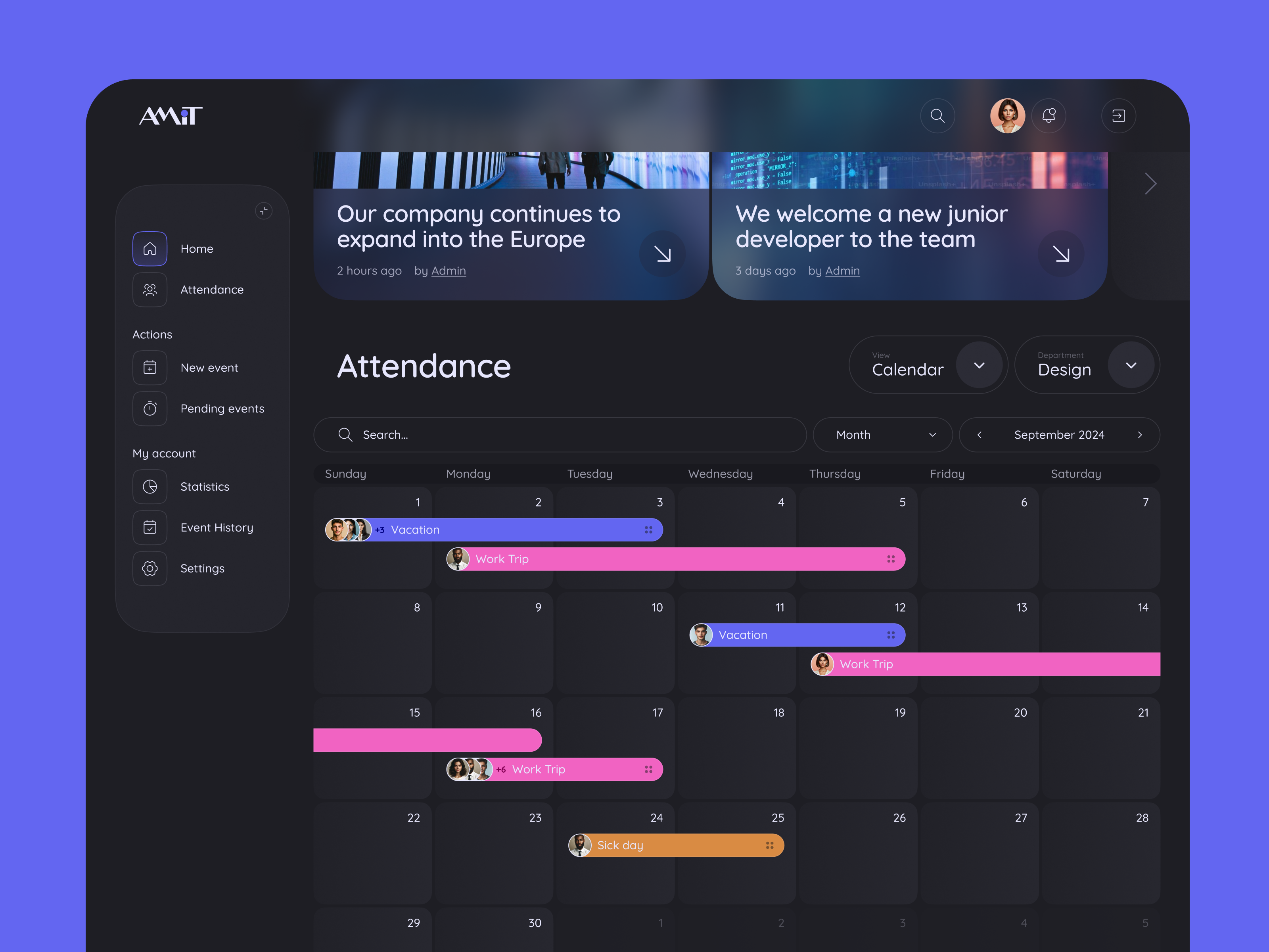 AmiT Automation - Calendar view attendance CRM (Dark mode) attendance calendar crm date design desktop glass effect graphic design side navigation ui ux web application