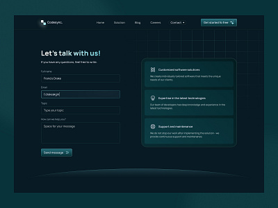 Codesync. - Contact form 🐲 chat clean clean design contact contact form contact page contact us dark design green landing page message minimalist product ui ui design ux web design website