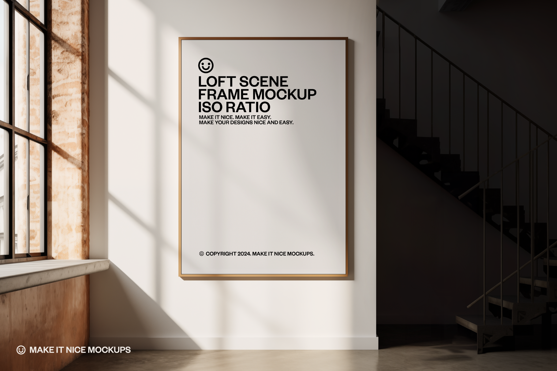 Loft Scene Frame Mockup art print scene frame mockup framed poster industrial mockup loft apartment scene minimalist mockup photoshop mockup poster design print design psd mockup