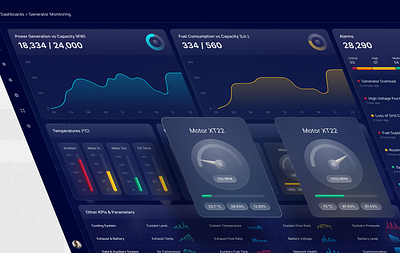 Electric Generator Dashboard - concept design (Discovery) admin alarms ui analytics blue charts concept crm experience dashboard dashboard concept dashboard design dashboard ux design glasmorphism management saas ui startup ui statistics ui user experience ux