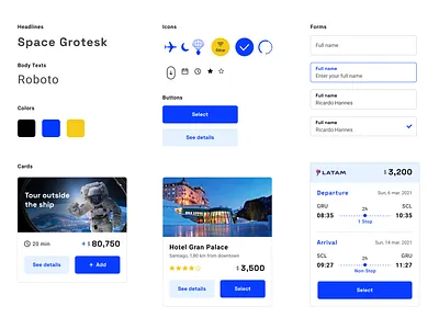 Space Now - Design System Components cards components design system layout space space travel travel ui visual design yellow blue