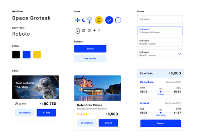 Space Now - Design System Components cards components design system layout space space travel travel ui visual design yellow blue