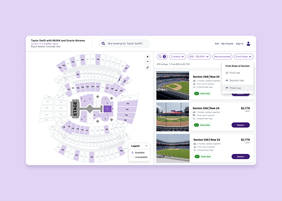 Event Marketplace - Ticket Selection cards design event filters interface layout map marketplace seat selection tags ticket ui visual design