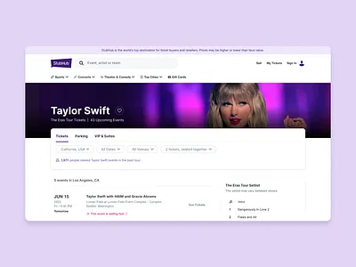 Event Marketplace - Event Filter cards event filter interface layout marketplace taylor swift ui visual design