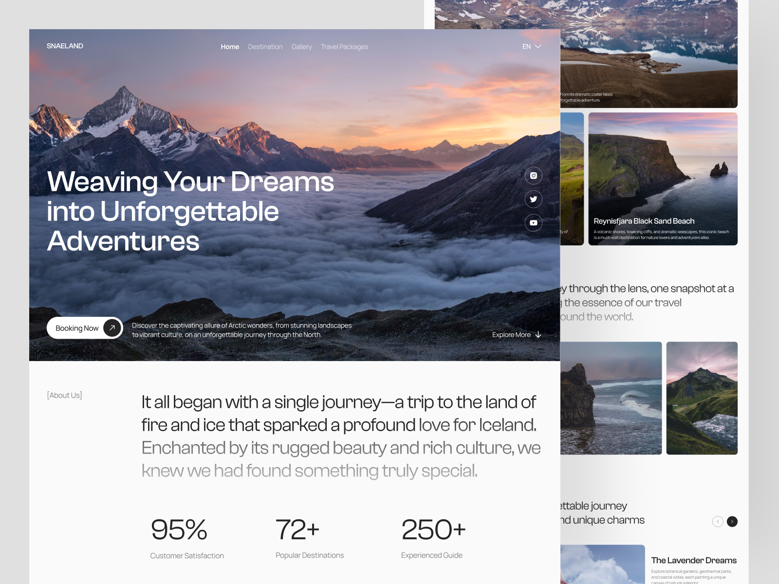 SNAELAND - Iceland Travel Landing Page adventure booking design destination holiday iceland landing page tour tourism travel travel agency travel landing page travel website ui ui design uiux ux vacation web design website