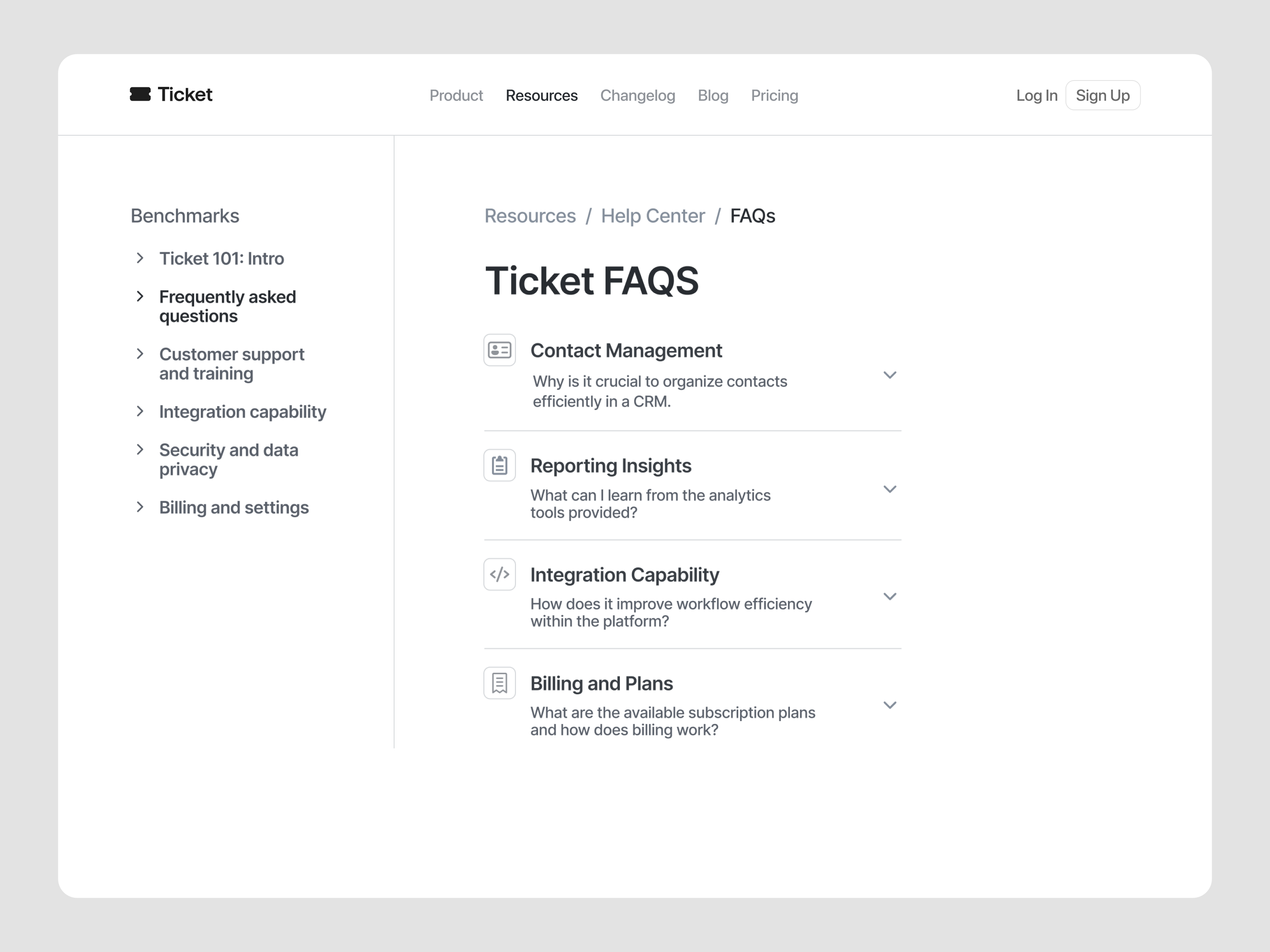 Ticket - FAQ Page app blog column component design design system faq features figma header landing page list minimalist modal page ui ui design ui kit website widget
