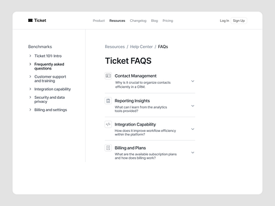 Ticket - FAQ Page app blog column component design design system faq features figma header landing page list minimalist modal page ui ui design ui kit website widget