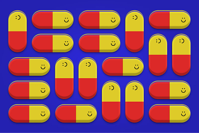 Dopamine pills blue figma happy face illustration medicine minimalist pill primary colors red vector yellow