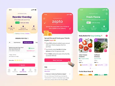 Zepto Revamp New User Experience re branding ui design user experience user interface design zepto branding zepto fresh fiesta zepto re order zepto refer friends zepto revamp ui