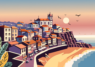 City Illustration for a Travel Poster branding city cliff event graphic design illustration illustrator jazz music poster sea sea shore show sunset town travel vector wine