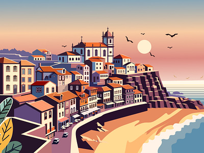 City Illustration for a Travel Poster branding city cliff event graphic design illustration illustrator jazz music poster sea sea shore show sunset town travel vector wine