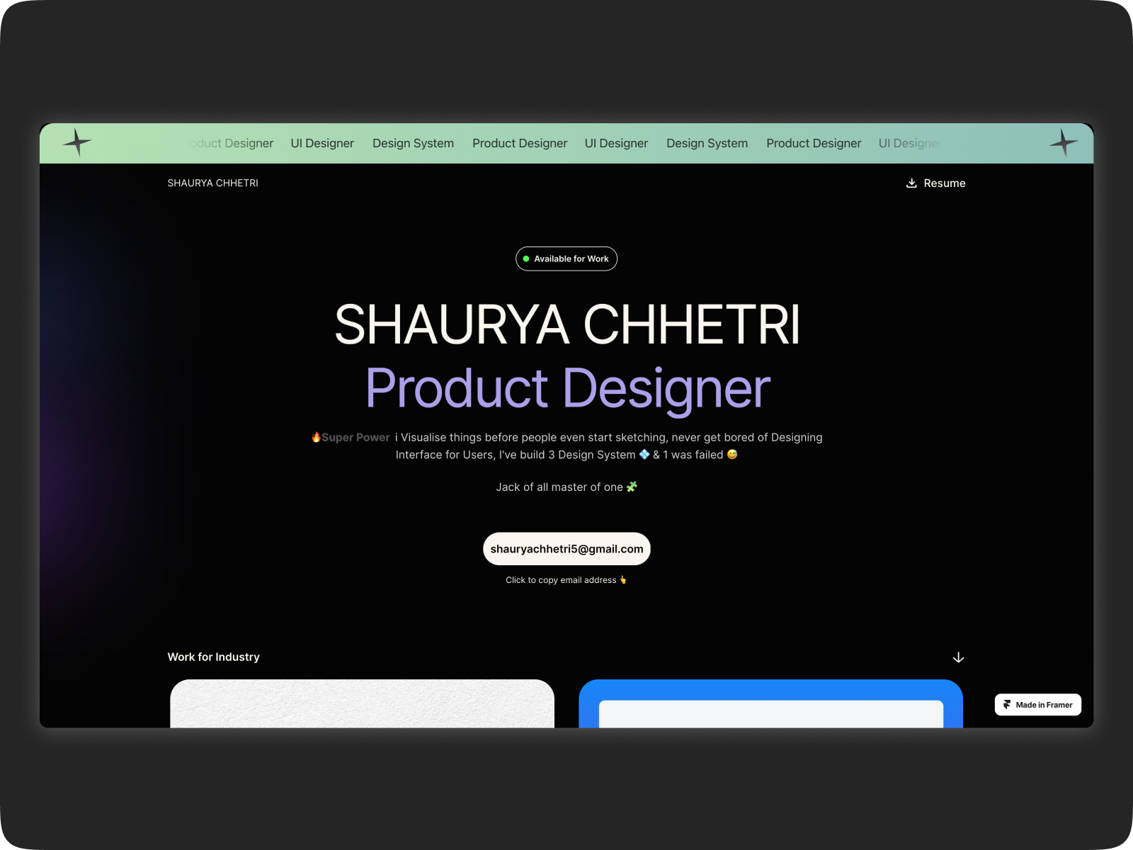 Shaurya Chhetri - Framer Portfolio Website contest design framer portfolio ui website