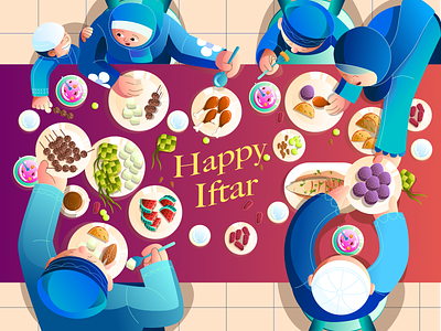Happy Iftar - Illustration blessedmoments eidpreparations familyiftar festivedinners happytimes illustrationramadhan joyfuleating qualitytime ramadangathering ramadanmemories ramadhandesign