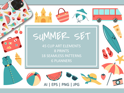 Summer Set clip art collection design illustration pattern planner poster print set summer vector