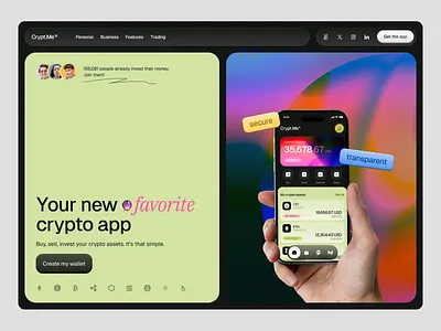 ~ crypto trading app – hero section ~ black branding clean colorful crypto cryptocurrency gradient green hero hero section interface landing landing page minimalistic mobile app trading ui design visual wallet web