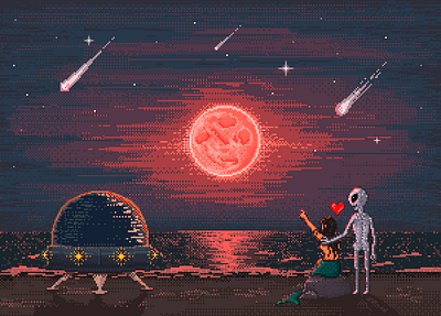 Moonstruck Lovers alient beach fantasy illustration lovers mermaid moon night pixel pixel art pixel characters pixel illustration sci fi space ship