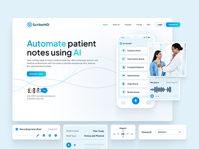 Website for an AI-powered medical platform ai app branding css design doctor ehr healthcare illustration landingpage medical platform medicine note patient telemedicine ui ux virtual assistant web design