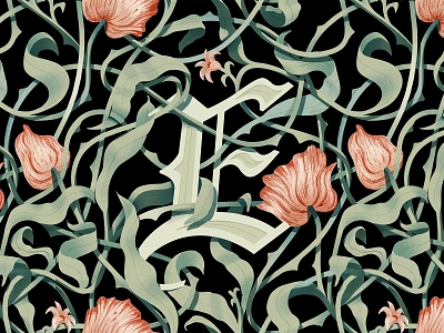 Eden 36daysoftype adobe brush digitalart digitalpainting e flowers green illustration leaves medievalpatterndesign muti pattermdesign patterndesign photoshop pinkflower repeatingpattern texture tulips wacomart