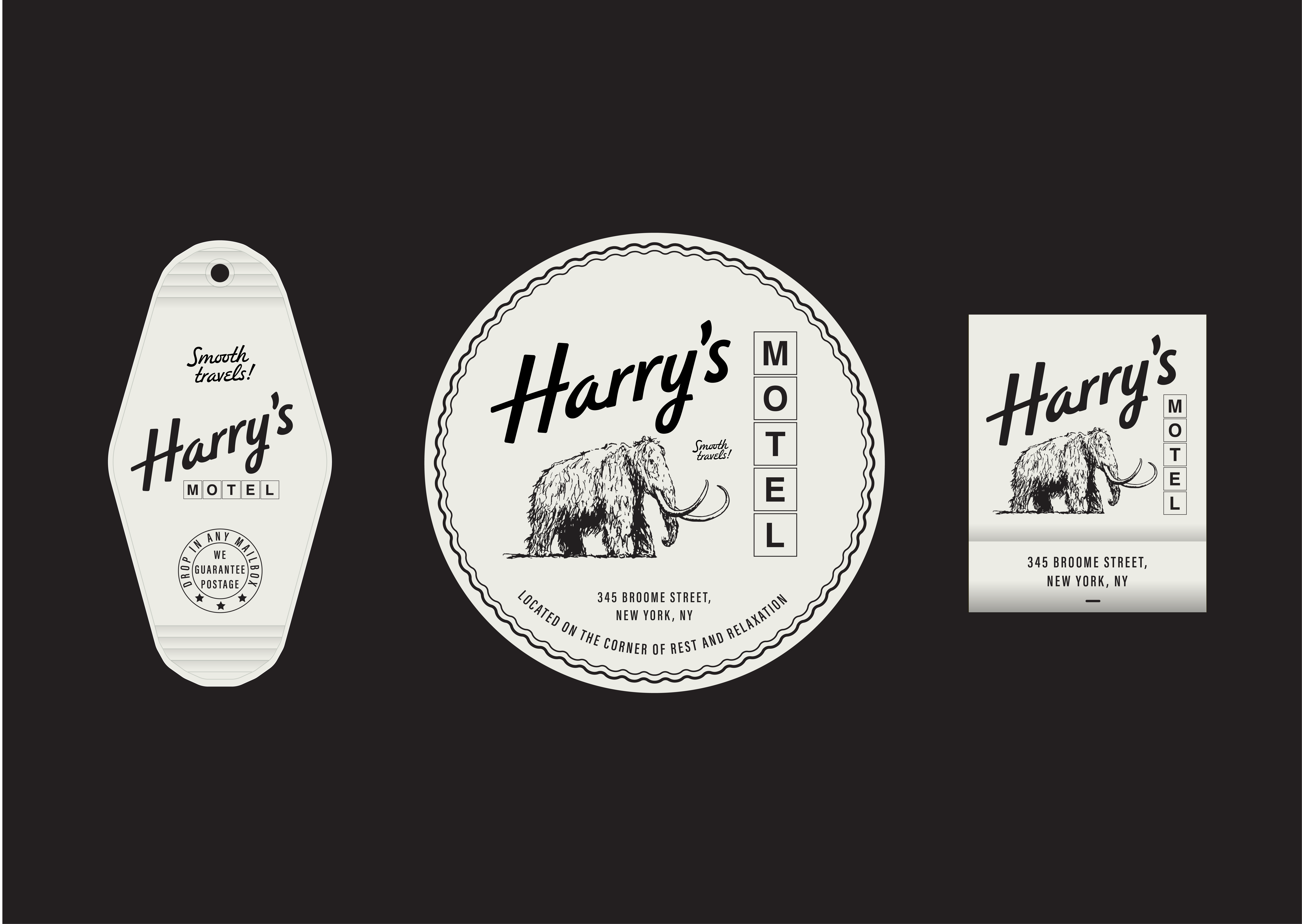 Harry's Motel branding coaster harrys hotel key ring logo matchbox matches motel western
