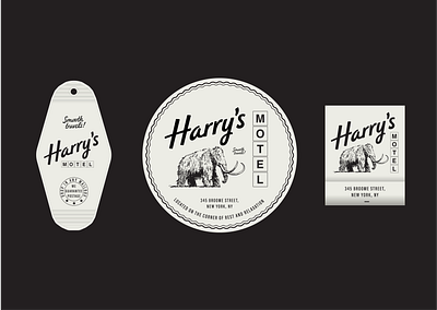 Harry's Motel branding coaster harrys hotel key ring logo matchbox matches motel western
