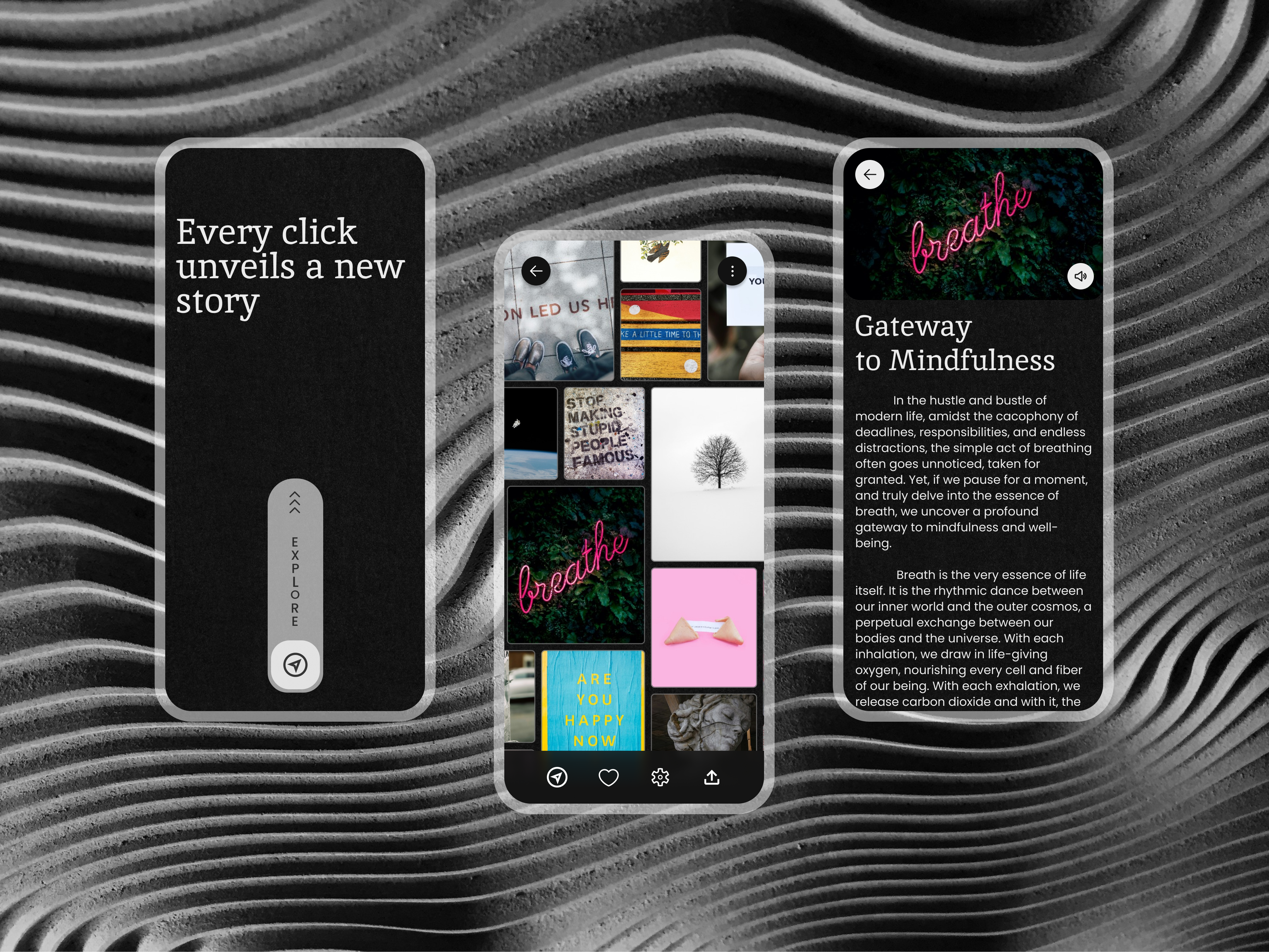 Explore stories | Mobile app design black books dark theme explore explore stories minimal mobile app mobile mockup paper dark random stories read content app read stories reading reading app stories application story board ui design ui ux ux design