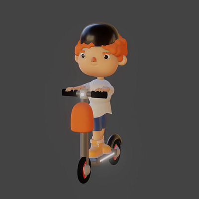 Red head boy and his scooter 3d animation illustration