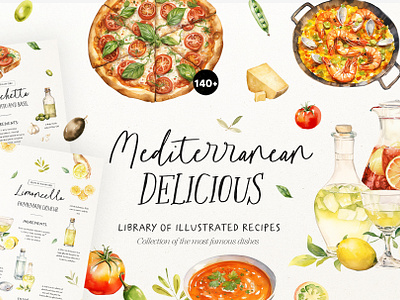 Mediterranean Cuisine. Watercolor set art creative creativity cuisine diy gazpacho handmade inspiration italian cuisine lasagne mediterranean menu negroni painting png elements recipes templates top watercolor yummy