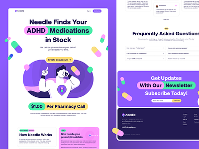Needle ADHD Finder • Website Design adhd adhd finder bento colorful flat health hero section landing page minimalist pharmacy ui ui design user interface ux ux design web design website