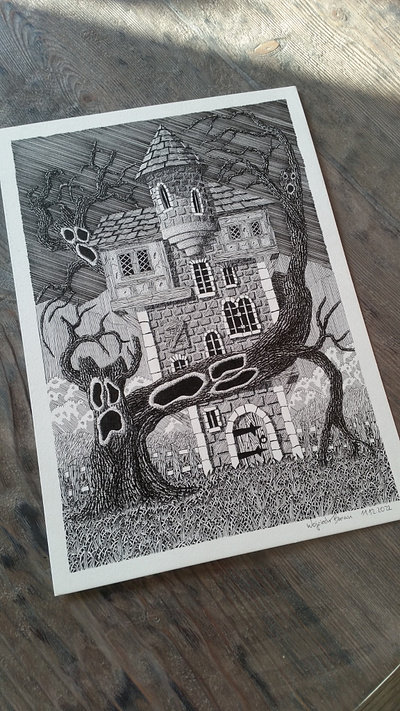 11.12.2021 fairy tale fantasy house illustration ink art landscape magical medieval pen and ink trees