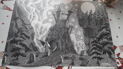 Castle castle graveyard illustration landscape moon mountains night pen and ink trees