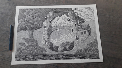 06.03.2022 castle fairy tale fantasy illustration lake mountain nature pen and ink tower
