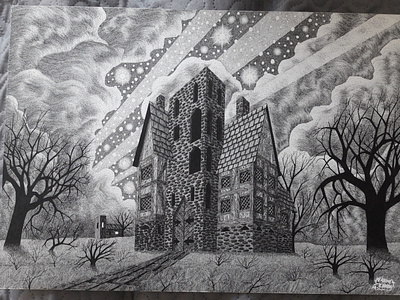 For Kalina architecture fantasy illustration magical night pen and ink stars