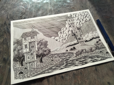 15.02.2023 castle fairy tale fantasy forest house illustration landscape medieval pen and ink river