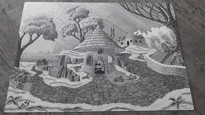 Troll House fairy tale fantasy illustration landscape medieval house pen and ink sea