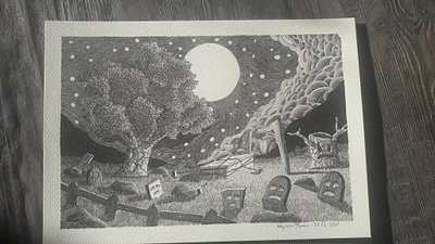 07.12.2021 fairy tale fantasy graveyard illustration magical moon night pen and ink tree