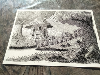 25.03.2023 architecture fairy tale fantasy forest illustration lake medieval house pen and ink river trees