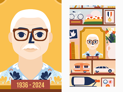 1936 - 2024 adobe illustrator blue digital art grandfather illustration memories objects pink portrait portrait illustration rest in peace yellow