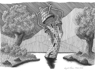 04.04.2023 architecture fairy tale fantasy illustration lake landscape mountains pen and ink tower trees