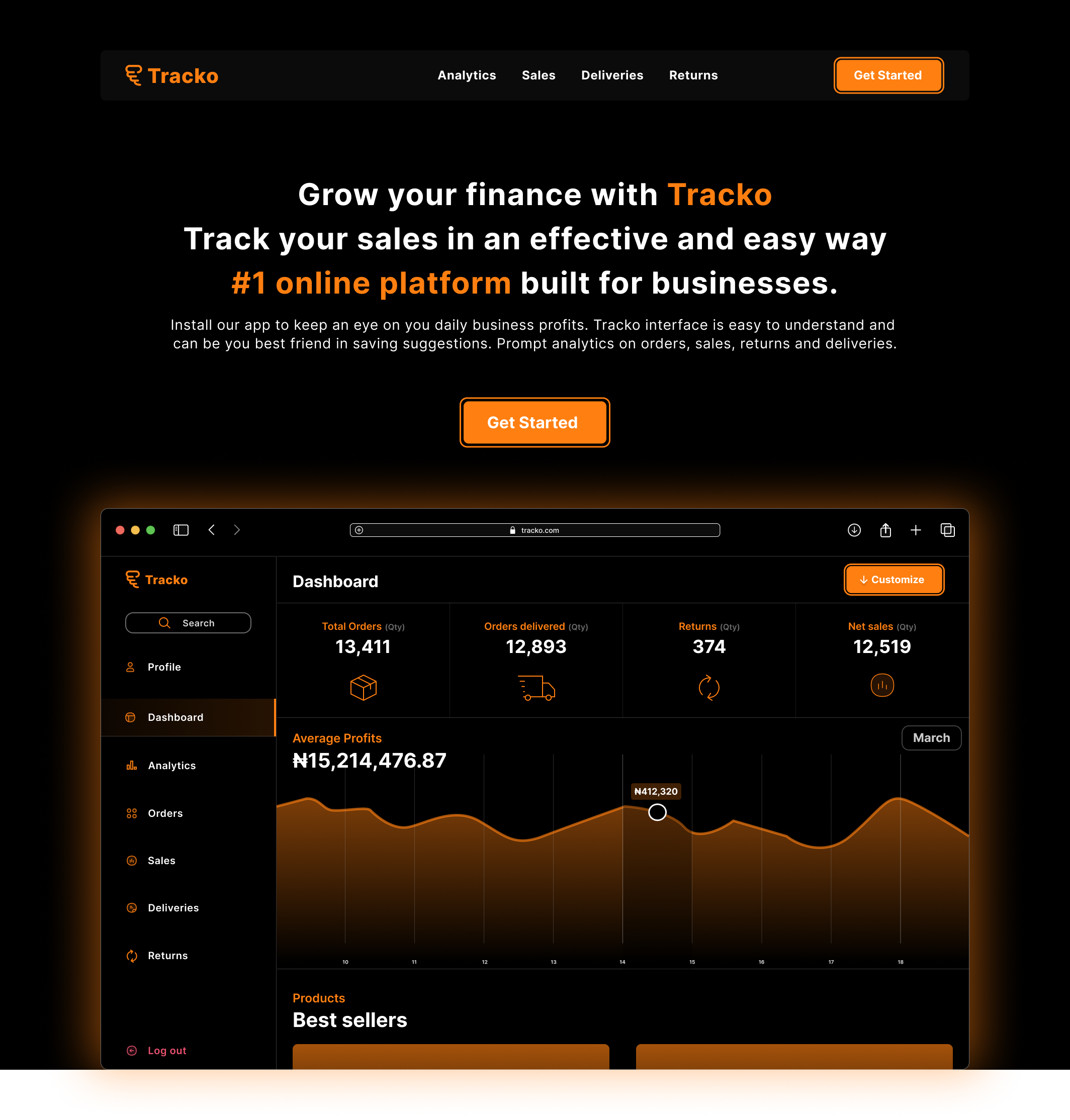 Tracko Landing Page - A sales analytics app for businesses dark mode design dribble figma landing page landing screen product design sales sales analytics sales app ui uiux ux