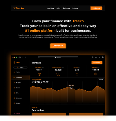 Tracko Landing Page - A sales analytics app for businesses dark mode design dribble figma landing page landing screen product design sales sales analytics sales app ui uiux ux