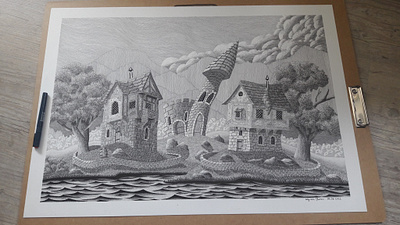 05.06.2022 architecture castle clouds fantasy house illustration lake landscape medieval mountains pen and ink tower village