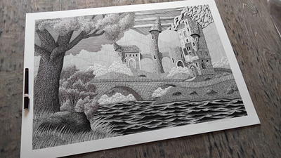 16.05.2023 architecture bridge castle fantasy house illustration lake magical mountains pen and ink river tower