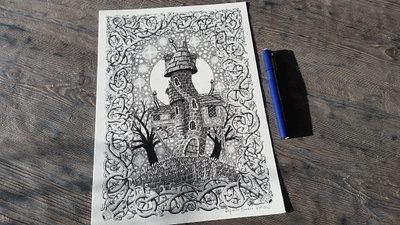 06.11.2022 castle dead trees. fantasy halloween illustration night pen and ink spooky tower