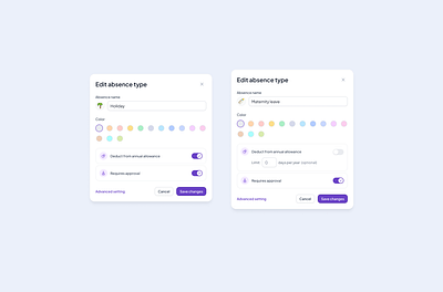 Edit absence type for a holiday planner dashboard minimalist saas ui ux