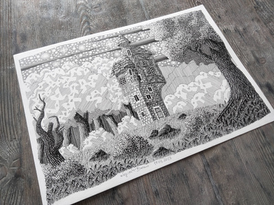 17.03.2023 architecture castle fairy tale fantasy forest illustration landscape magical medieval house pen and ink stars tower trees