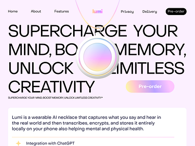 Lumi - AI Smart Necklace concept ai branding chatgpt cosmos creativity feature screen features illustration lumi mental health opal pre order ui wearable website