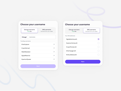 Username selection modal UI cards ens modal polygon popup product tabs ui ux wallet web3
