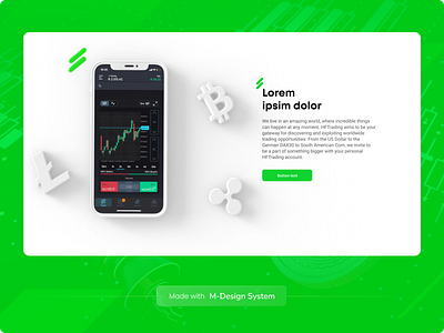 Content Section for Finance Landing | M-Design System 3d bitcoin clay crypto fintech graphic design green landing landing page litecoin minimal phone mockup trading ui web website white website