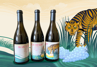 Blue Desert Albariño wine label​​​​​​​ beverage illustration packaging design tiger wine label